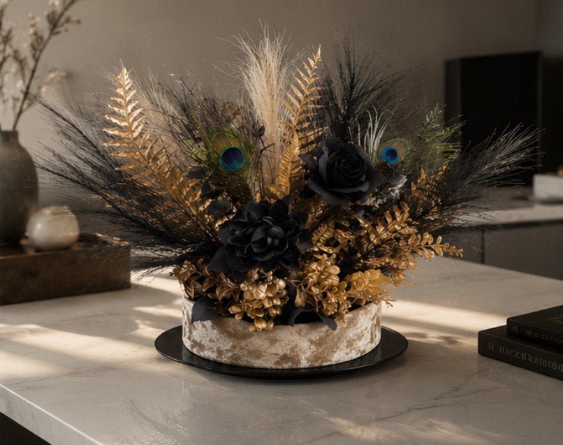 Gâteau de décoration en soie, fleurs dorées/noires, Maison & Meubles, Neuf, 38 cm, Arrangement floral, Autres marques