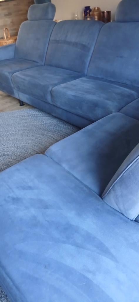 Grote blauwe hoekbank met relax functie en neksteunen, Ophalen, Stof