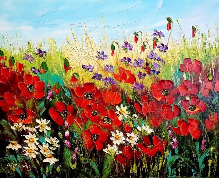 " Flowers in the Meadow " schilderij van Urszula Lemańska, Antiquités & Art, Art | Peinture | Moderne, Peinture acrylique, Autres matériaux