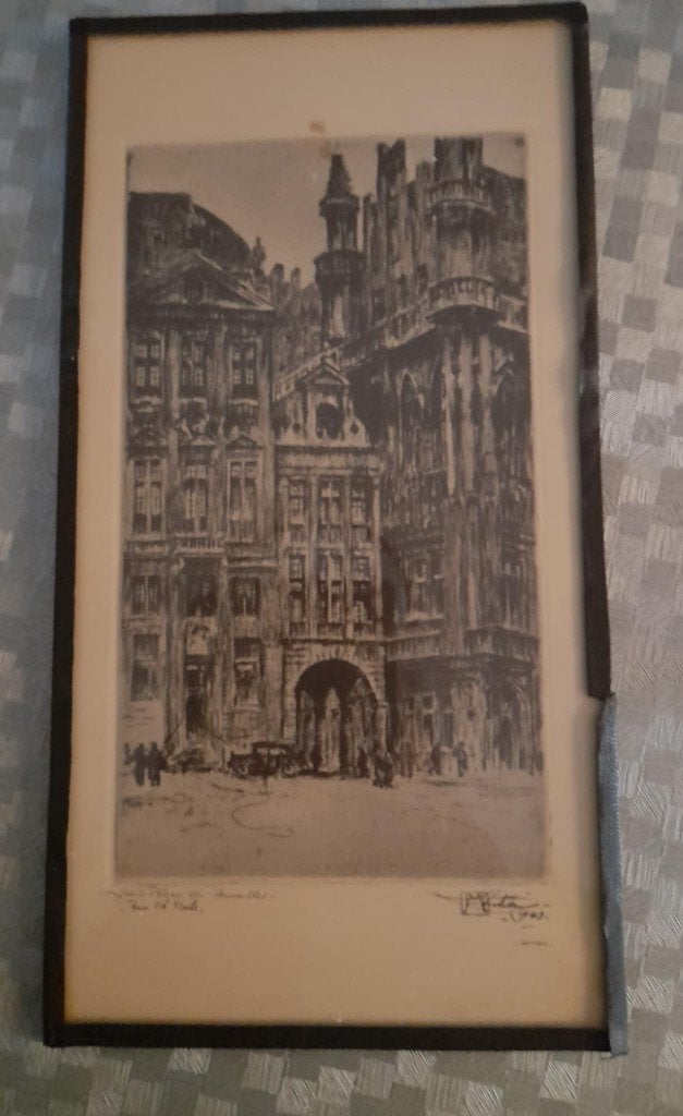 Prent van de Belgische etser Henri Mortiaux, Ophalen of Verzenden, 1940 tot 1960, Gebouw, Prent