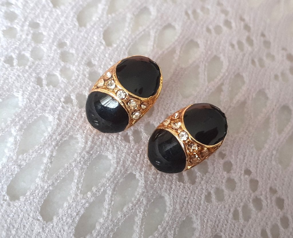 oorbellen clipons vintage art deco zwart goud met strass, Handtassen en Accessoires, Oorbellen, Zwart, Nieuw, Ophalen of Verzenden