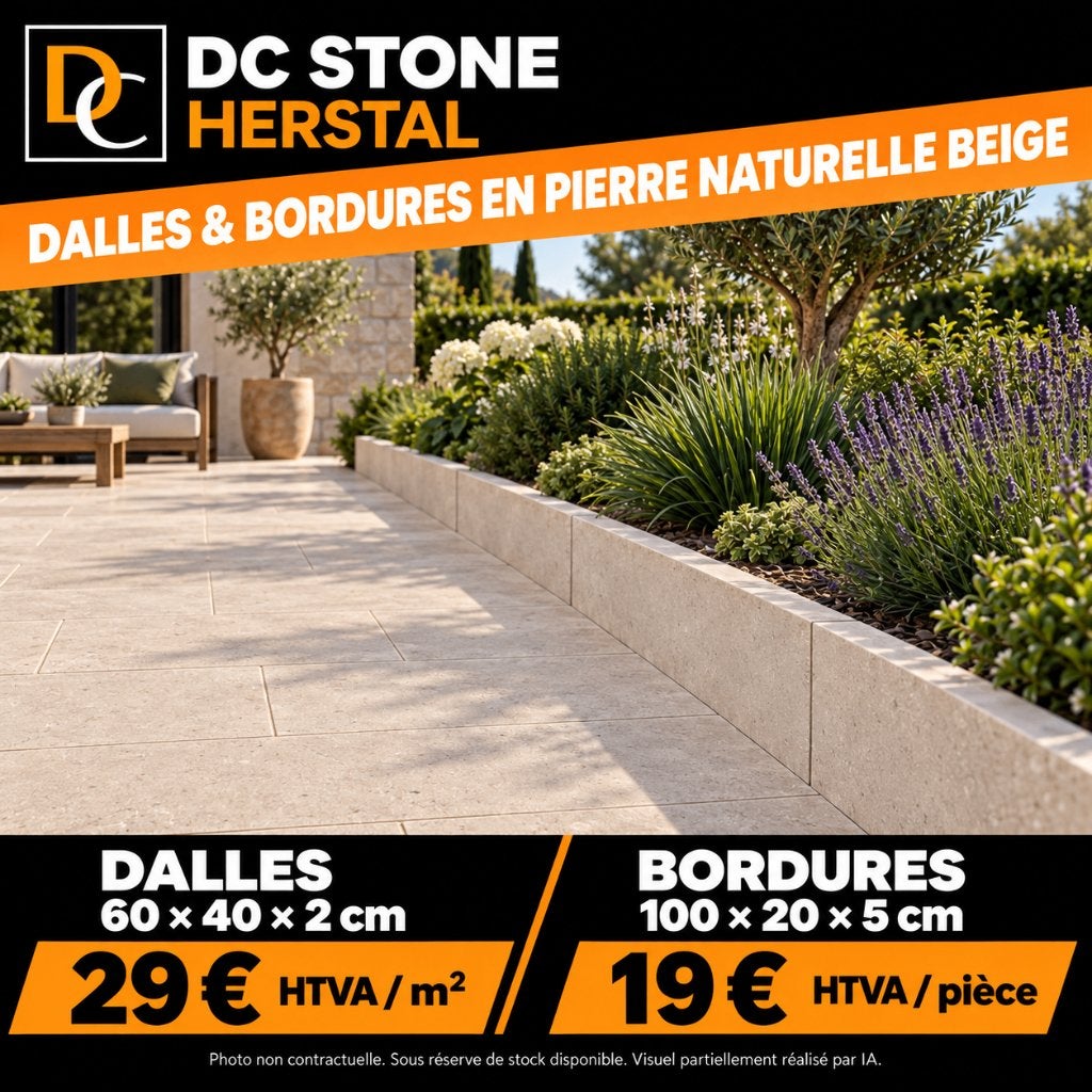 Dalles et bordures en pierre naturelle beige PROMO, Bricolage & Construction, Enlèvement, Neuf, Pierres naturelles