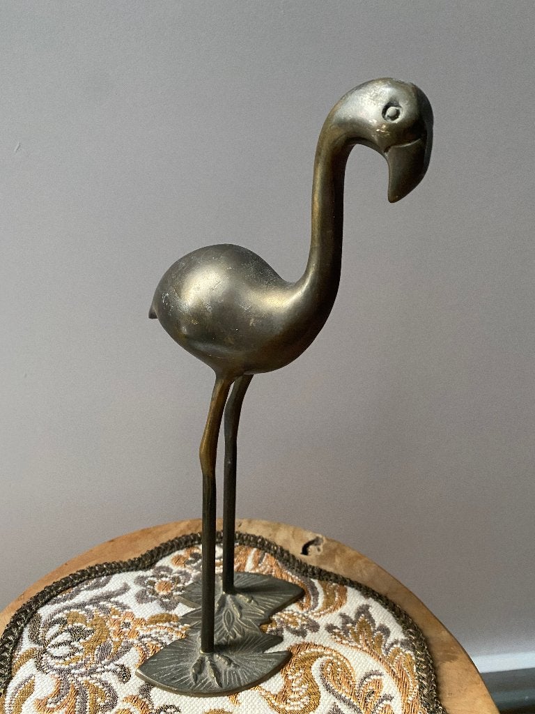 Vintage messing flamingo beeldje – ca. 30 cm hoog, Antiek en Kunst, Antiek | Brons en Koper, Ophalen of Verzenden