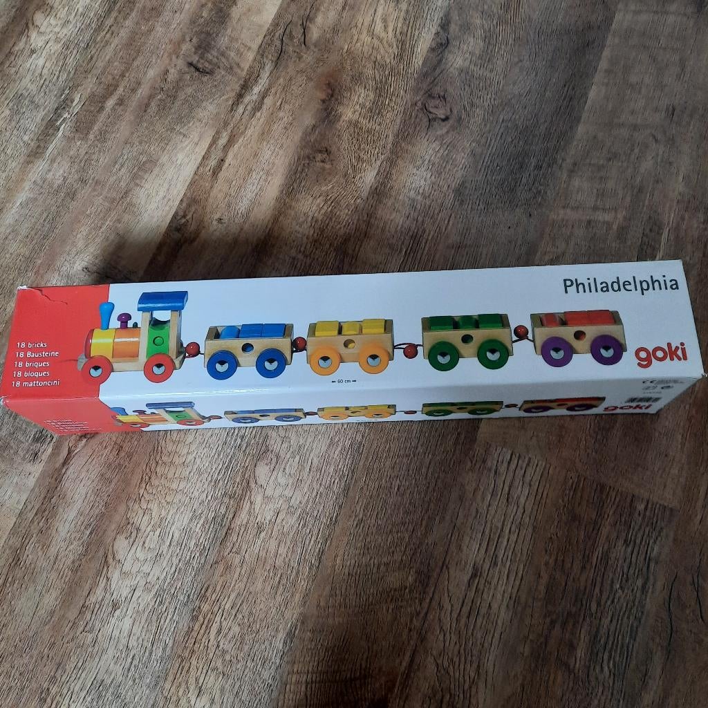 Train en bois Philadelphia de GOKI - 18 blocs - Dès 2 ans, Kinderen en Baby's, Speelgoed | Houten speelgoed, Zo goed als nieuw