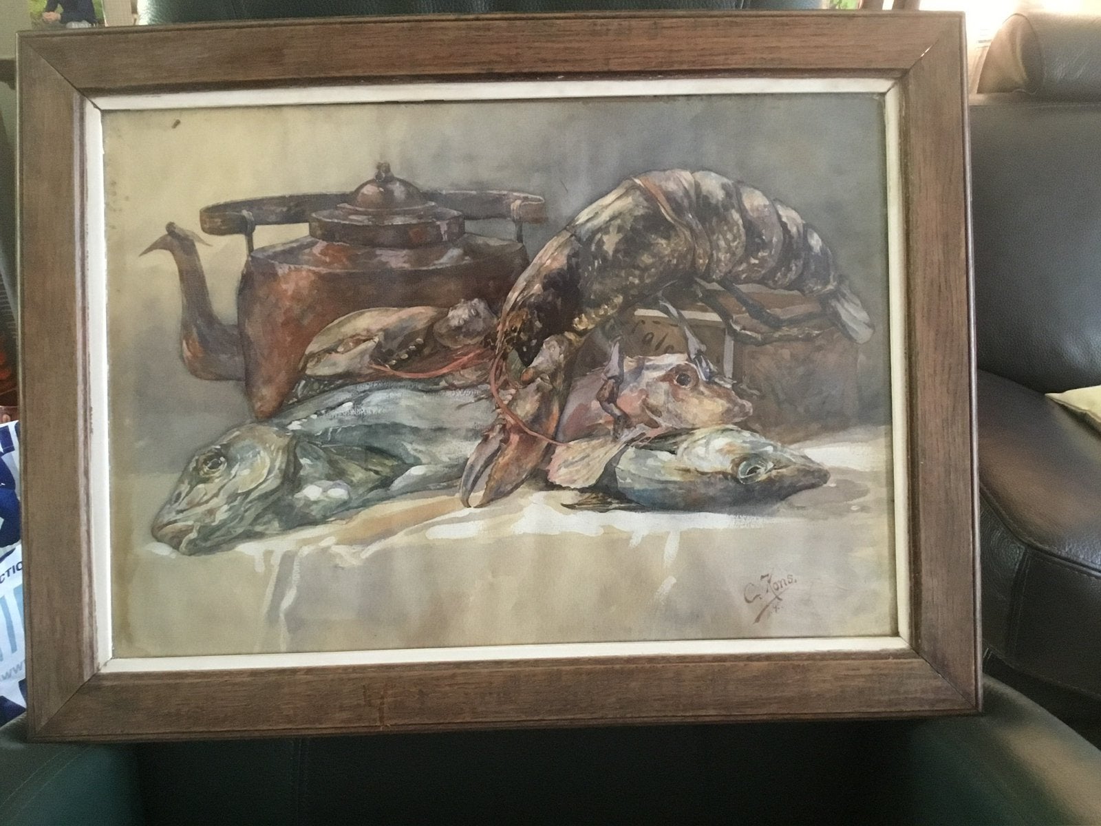 Stil leven met kreeft-Akwarel-C.Kons (18)95-50x67cm m.kader, Antiek en Kunst, Ophalen