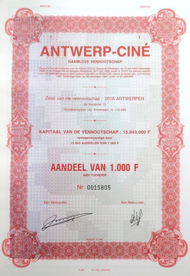 Antwerp Ciné 1987, Timbres & Monnaies, Actions & Titres, Enlèvement ou Envoi, 1970 à nos jours, Action