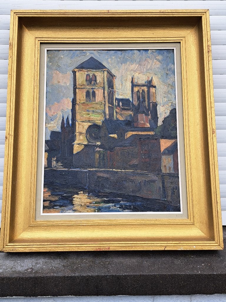huile sur panneau vue de huy signe f dacos, Antiquités & Art, Enlèvement ou Envoi, Panneau