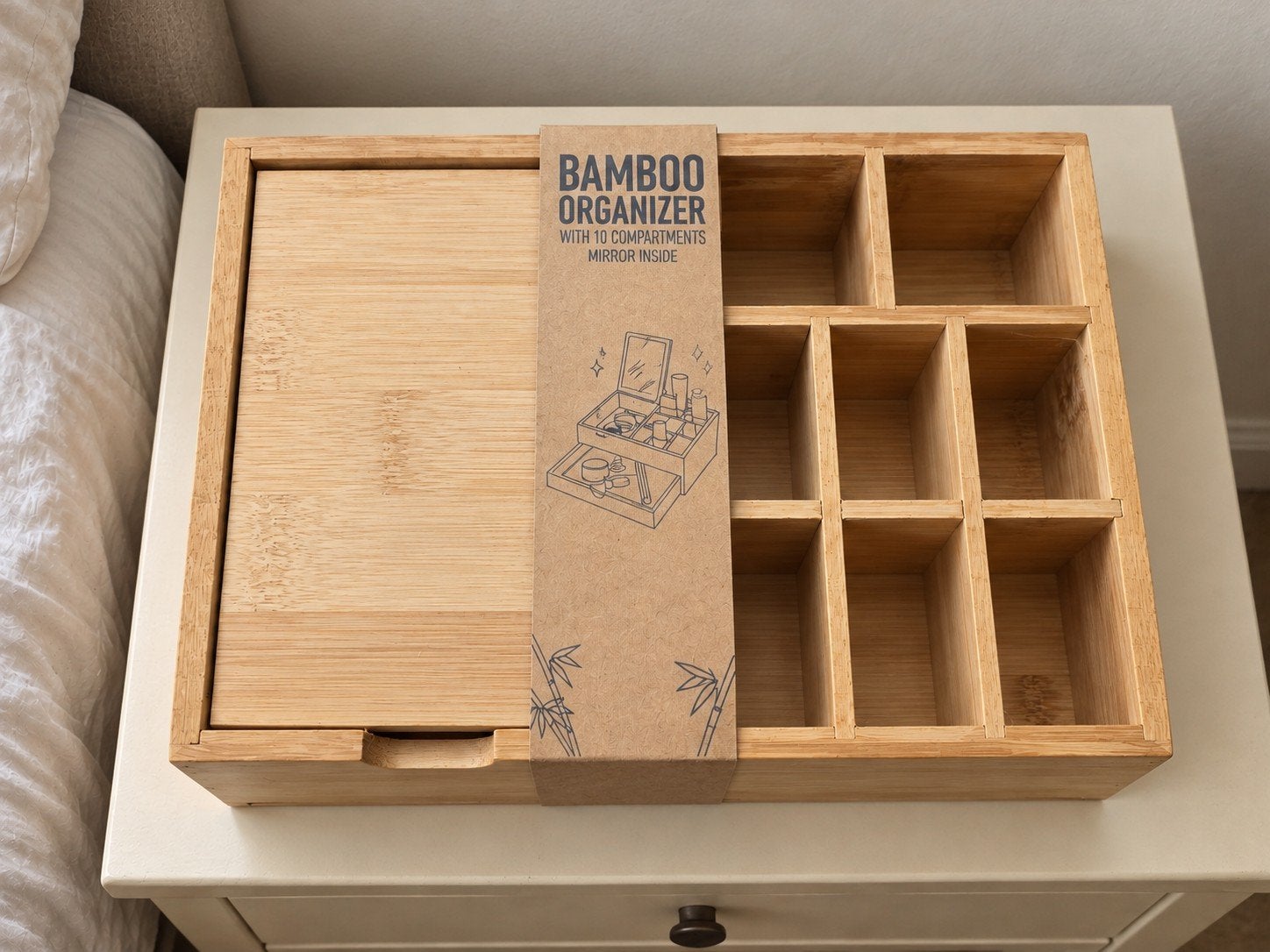 Bamboe Sieraden- & Make-up Organizer met Spiegel – 10 Vakken, Ophalen of Verzenden