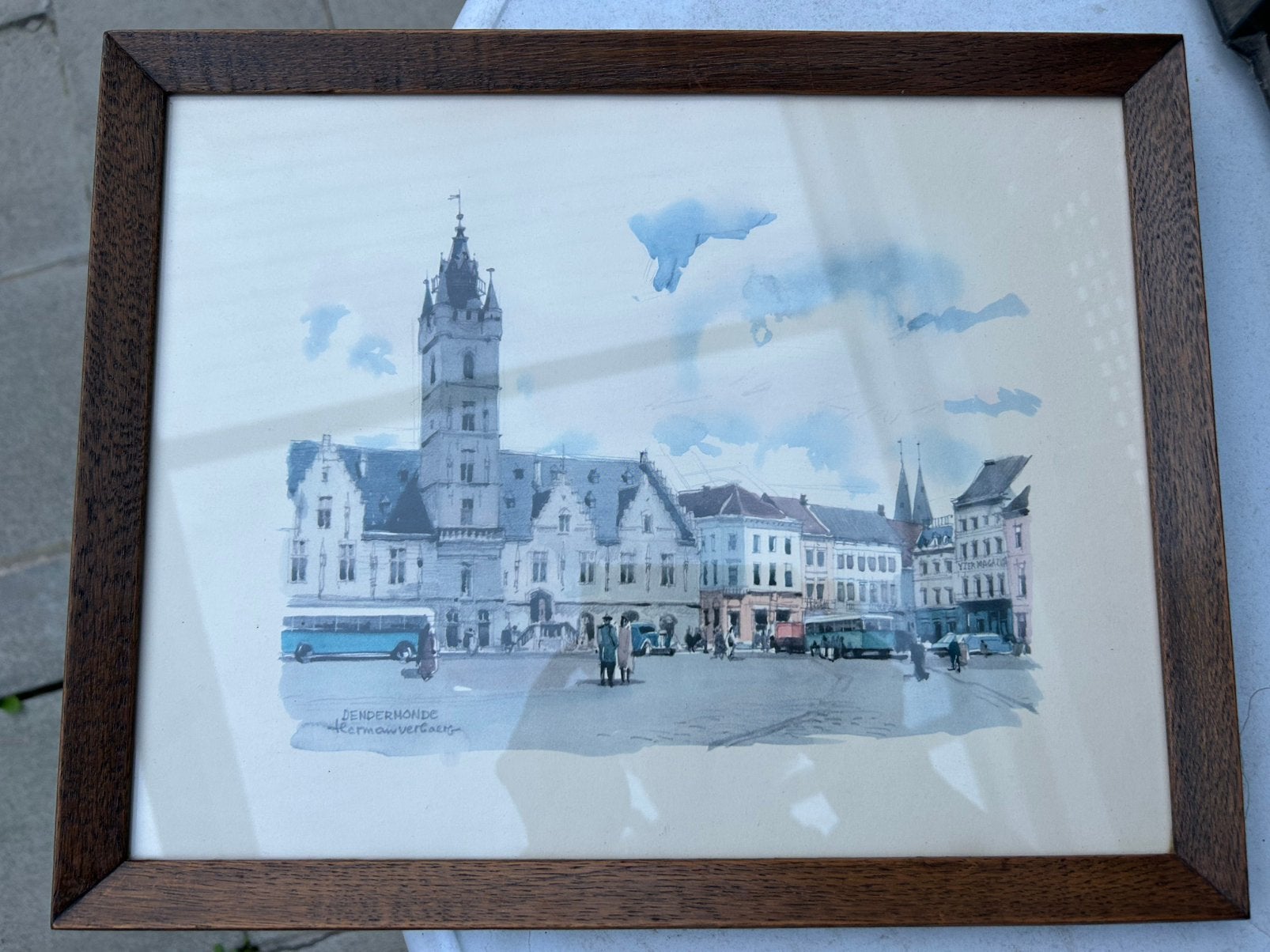 Dendermonde wanddecoraties, Antiek en Kunst, Ophalen of Verzenden, Aquarel, Achter glas