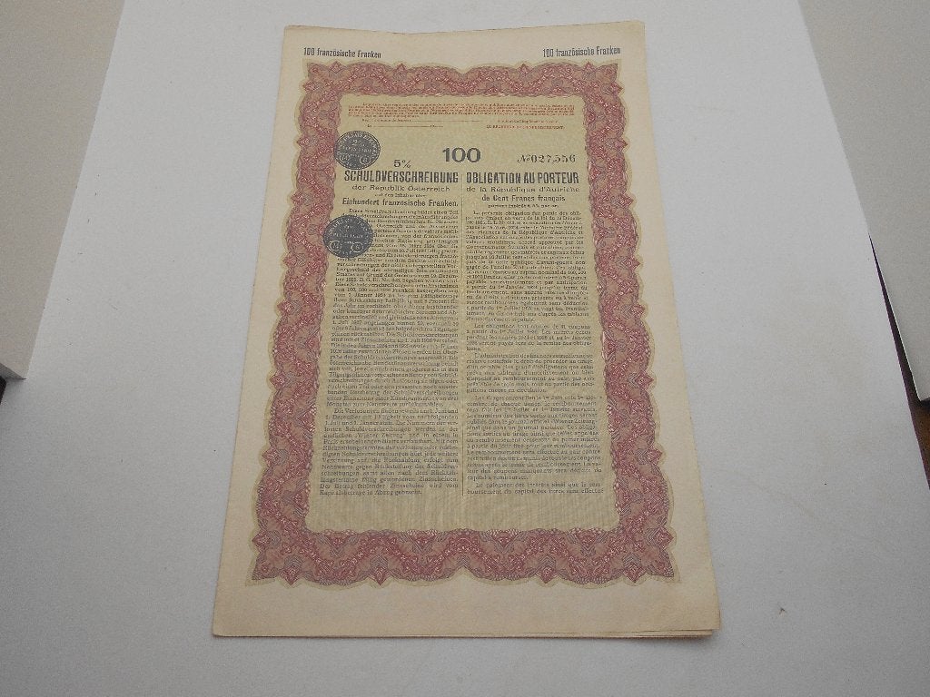 ancienne obligation Autriche de 100 francs français1926, Postzegels en Munten, Aandelen en Waardepapieren, Ophalen of Verzenden