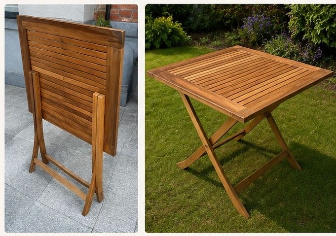 Inklapbare Teak Tafel – Eettafel / Bijzettafel – 90 x 90 cm, Tuin en Terras, Ophalen, Gebruikt, Vierkant, Teakhout
