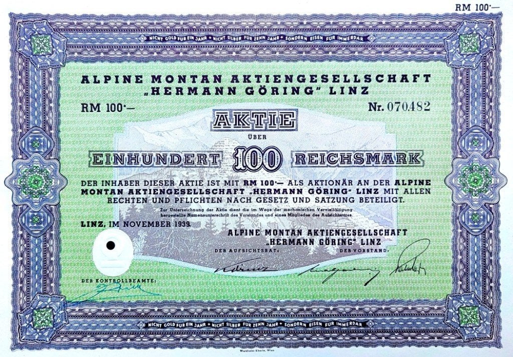 Alpine Montan AG "Hermann Göring" 1939, Ophalen of Verzenden, 1920 tot 1950, Aandeel