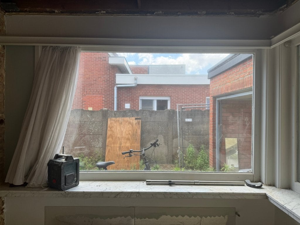 Houten raam met dubbel glas – 210 x 125 cm, Bricolage & Construction, Vitres, Châssis & Fenêtres, Utilisé, Fenêtre de façade ou Vitre