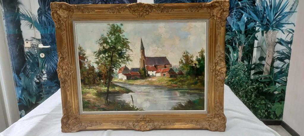 Peinture "village à la campagne et son église", encadrée, Antiquités & Art