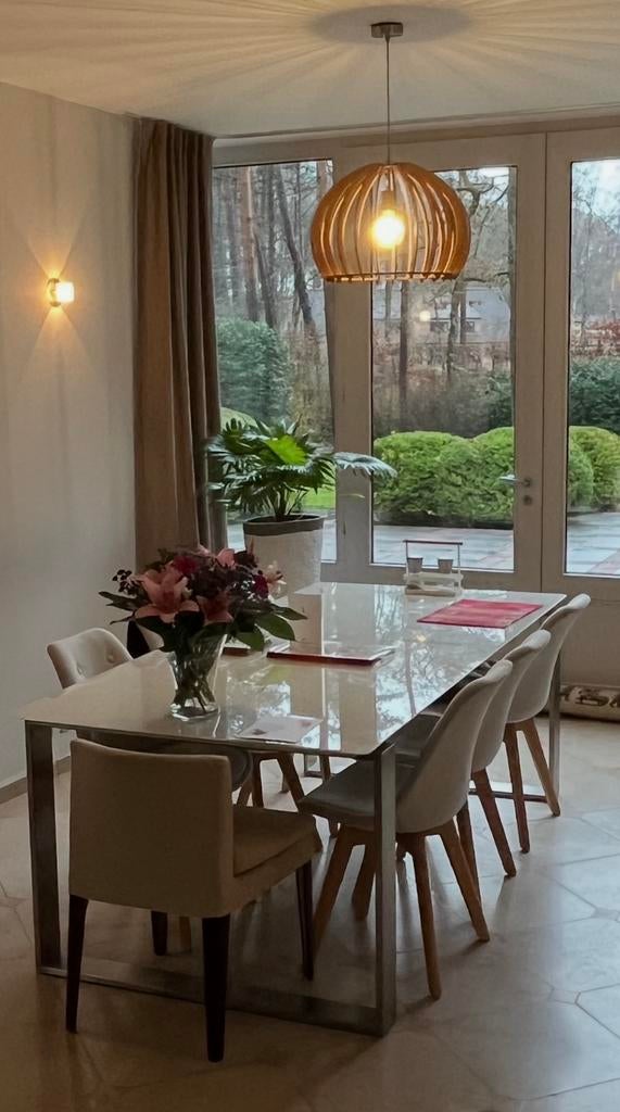 Moderne eettafel Hülsta, glas en inox, 220x100cm, Ophalen, Zo goed als nieuw, Glas, Modern