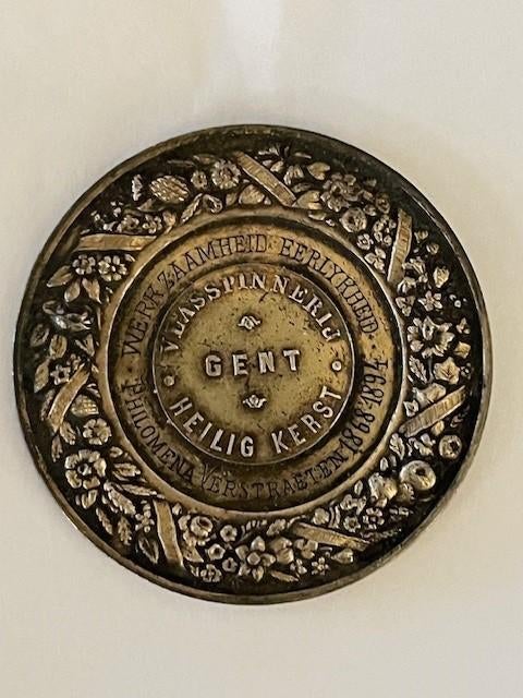 ANTIEKE PENNING "Vlasspinnerij GENT-Heilig KERST' 1868-1894!, Enlèvement ou Envoi, Bronze