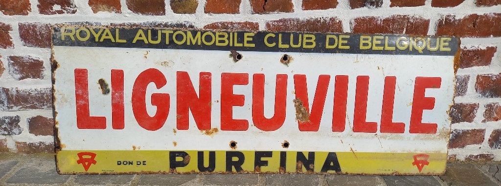 Belgische emaille plaat LIGNEUVILLE, Ophalen, Gebruikt, Reclamebord