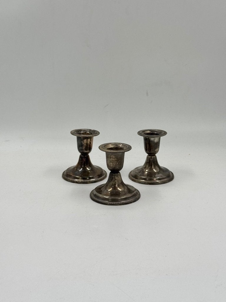 Set van 3 vintage kandelaars verzilverd, parelrand, Antiek en Kunst, Ophalen of Verzenden, Zilver