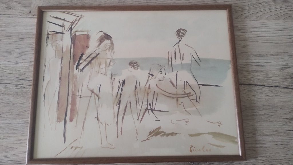 Aquarel „Dames aan het strand” onder glas vdhv Pierre Cox, Ophalen of Verzenden
