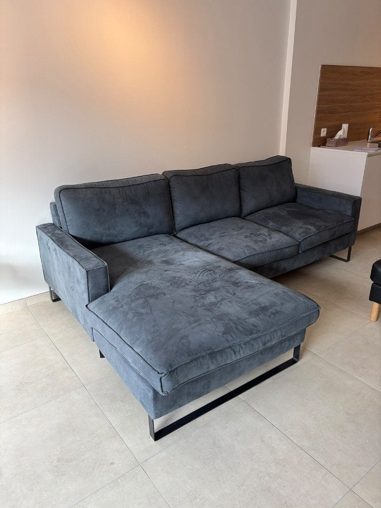 Prachtige hoekzetel met chaise longue blauwgrijs, 250 cm, 200 à 250 cm, Comme neuf, Enlèvement, Hedendaags, landelijk, modern, industrieel, Scandinavisch, loft