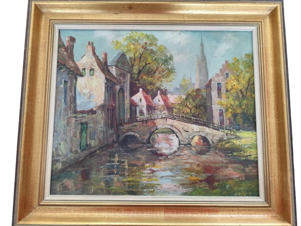 Huile sur toile encadrée signée Mees, canal et pont, Enlèvement, Paysage urbain / rural, Toile, Impressionniste