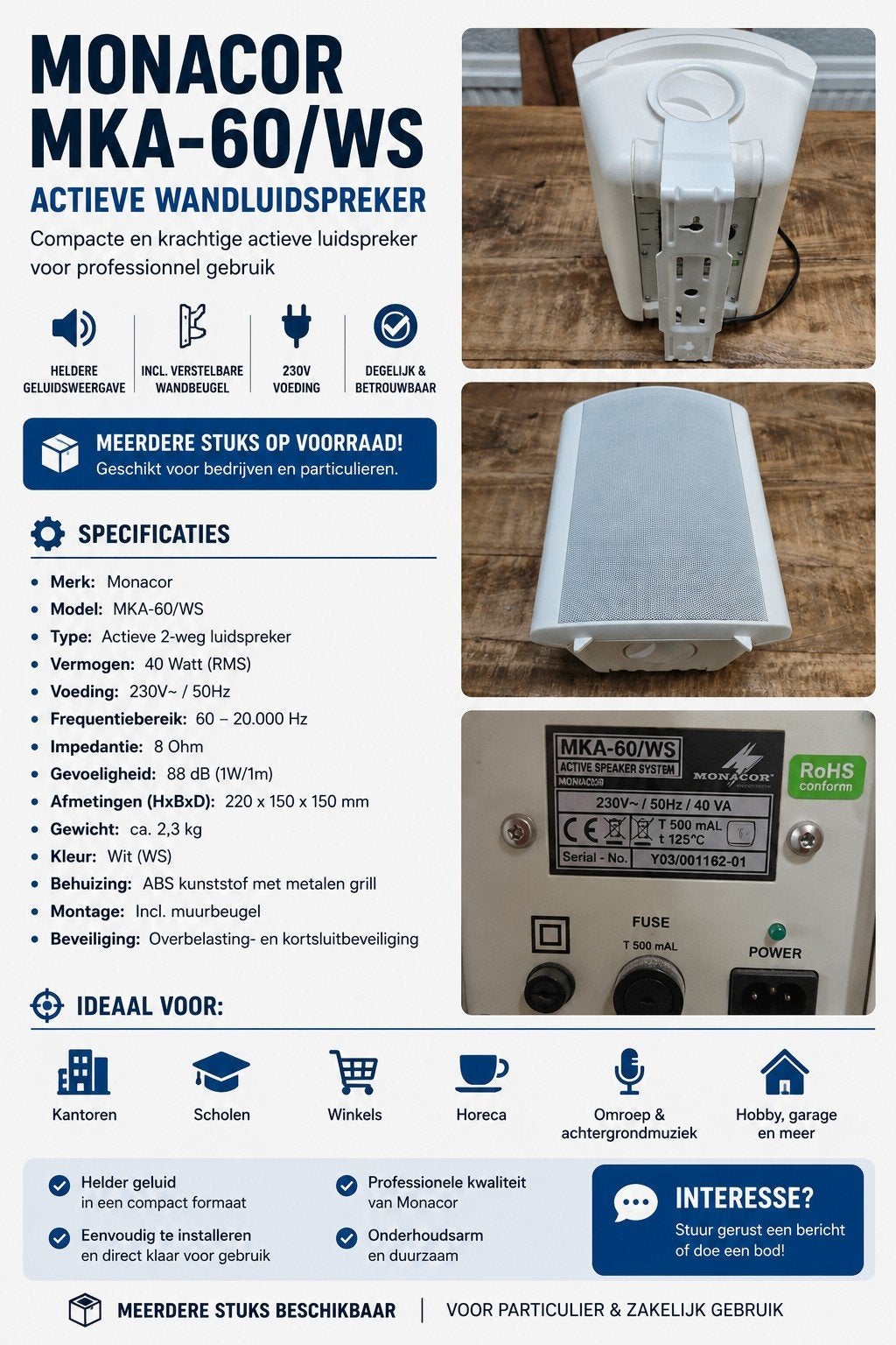 🔊Monacor MKA-60/WS Actieve Wandluidspreker | Wit | 🔊, Computers en Software, Pc speakers, Ophalen of Verzenden, Refurbished