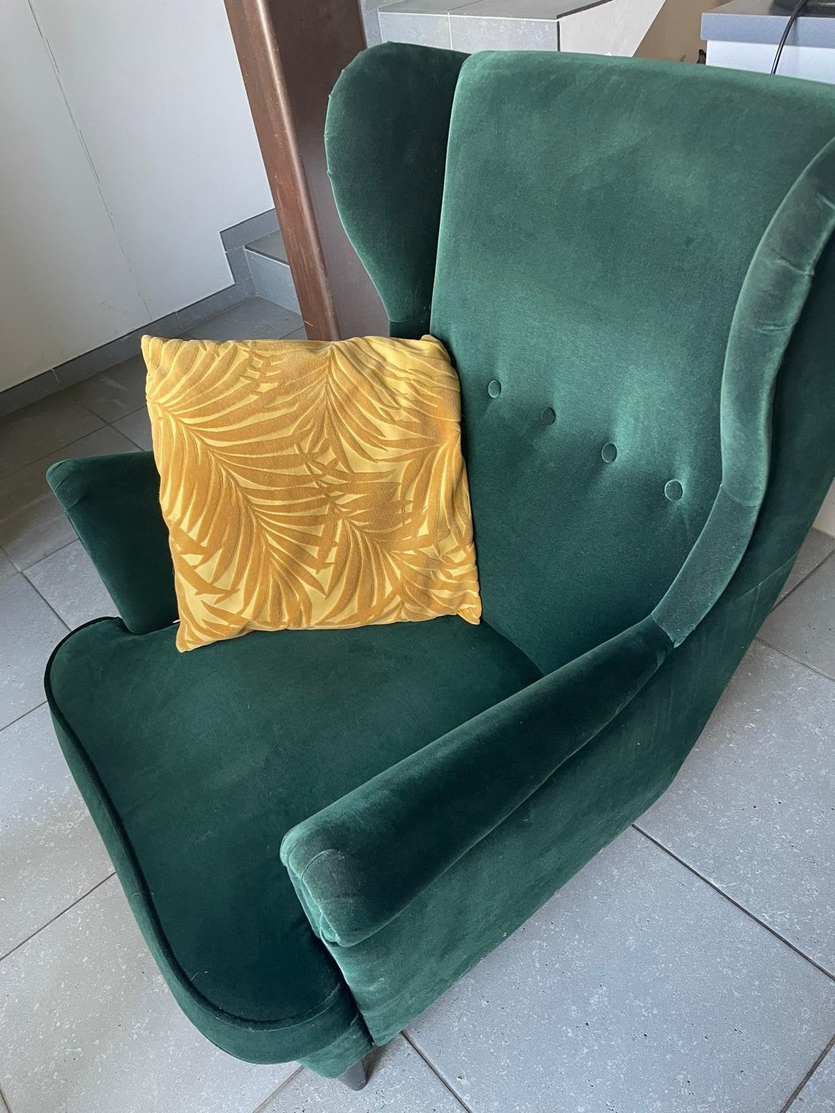 Fauteuil IKEA STRANDMON vert foncé avec repose-pieds, Maison & Meubles, Enlèvement, Utilisé