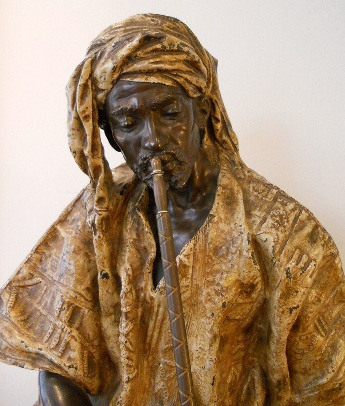 Statue ancienne métal polychrome: Oriental G LEROUX 180 cm, Antiquités & Art, Statue, 1 mètre - 2 mètres, Marqué, Homme