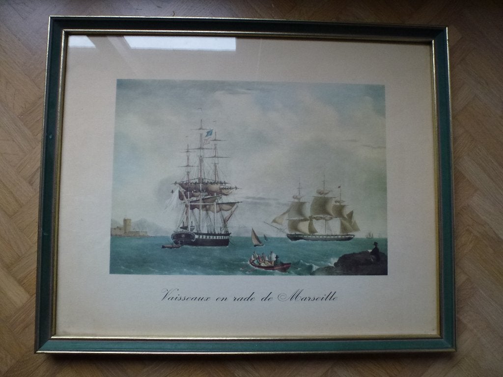 Vaisseaux en rade de Marseille, Antiek en Kunst, Kunst | Etsen en Gravures, Ophalen, 53 cm, Ingelijst, Overige technieken
