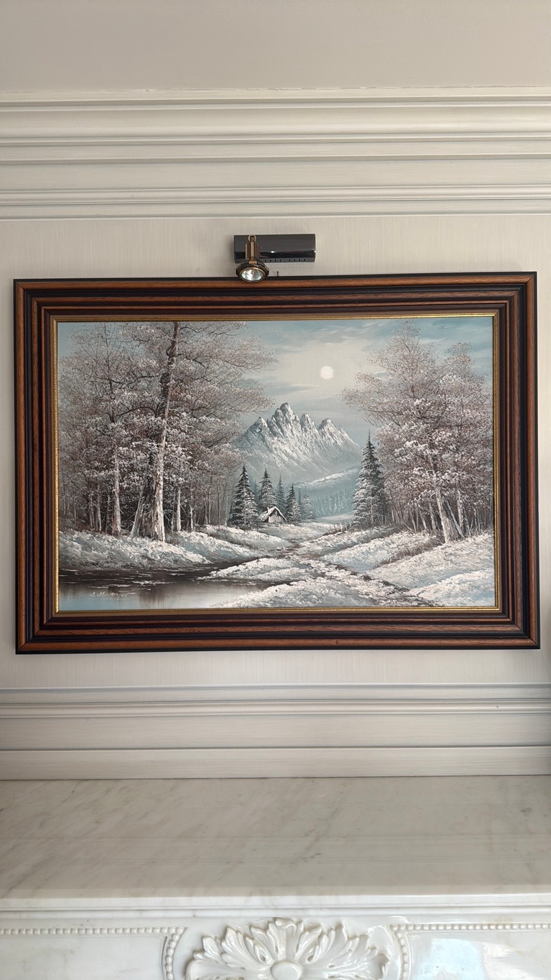 Peinture de paysage enneigé dans un cadre en bois, Signé, Peinture à l'huile, Enlèvement, Toile