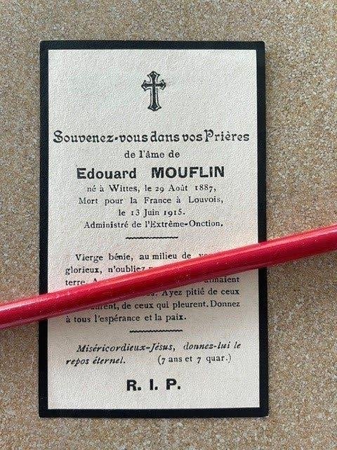14-18 Franse soldaat Edouard Mouflin gesneuveld 6/1915, Verzamelen, Ophalen of Verzenden, Bidprentje