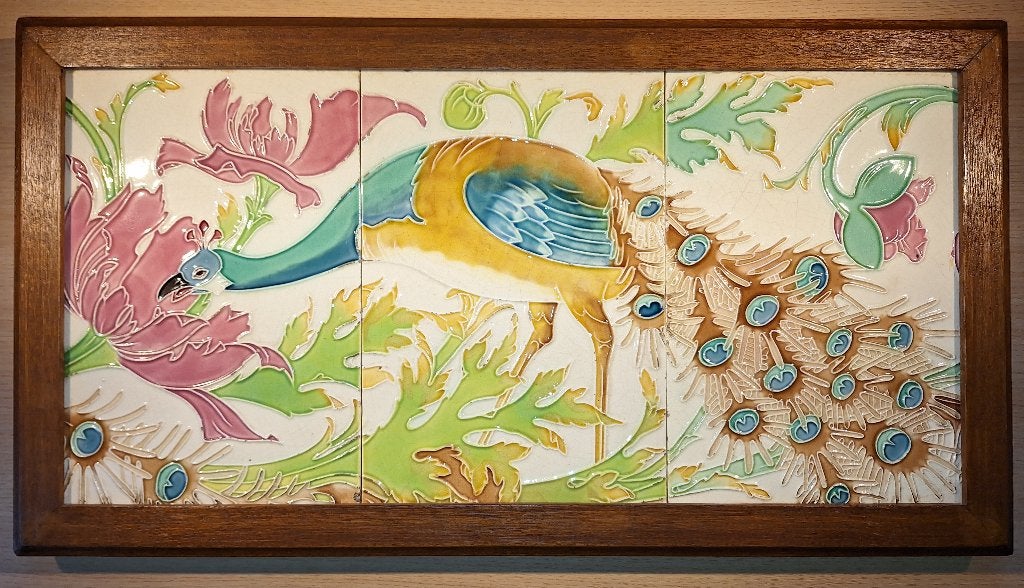 Pauwenpaneel - 3 tegels - Keramiek Hasselt - ca. 1900, Enlèvement