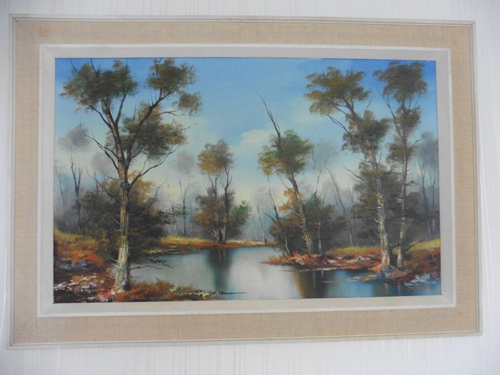 Peinture encadrée et signée, paysage, vintage, Enlèvement, Vintage, Paysage, Toile