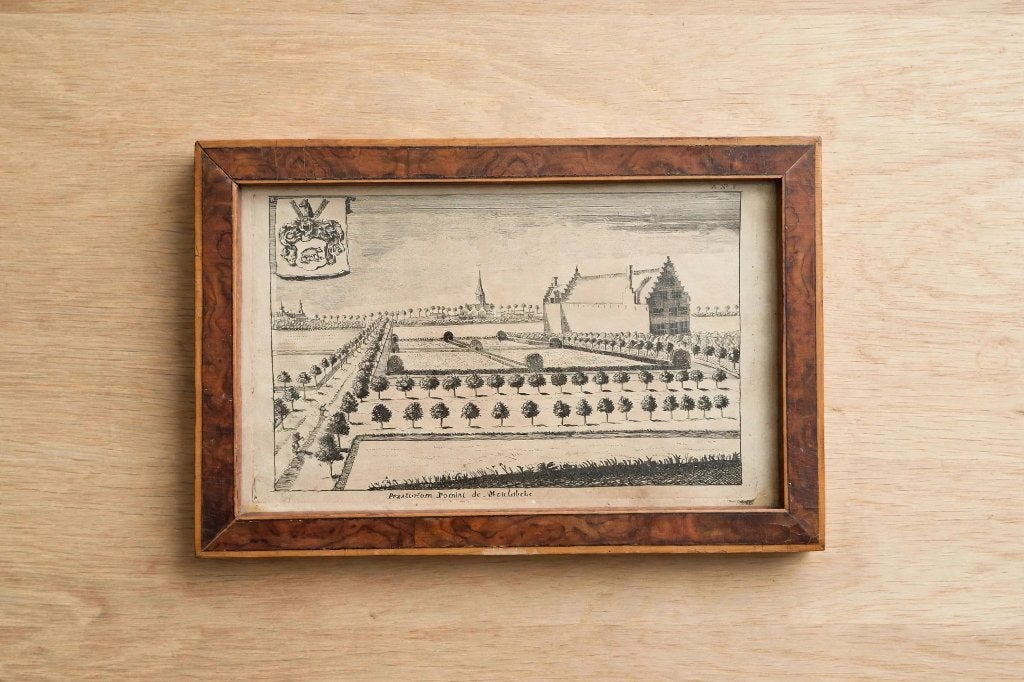 Gravures Sanderus - Meulebeke & Terborght Huizingen, Ingelijst, 22 cm, Ophalen of Verzenden, Gravure