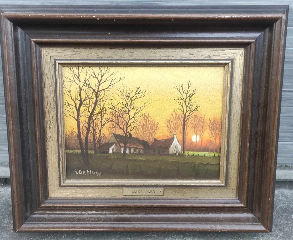 huile sur toile coucher de soleil signe andre de man, Antiek en Kunst, Ophalen of Verzenden