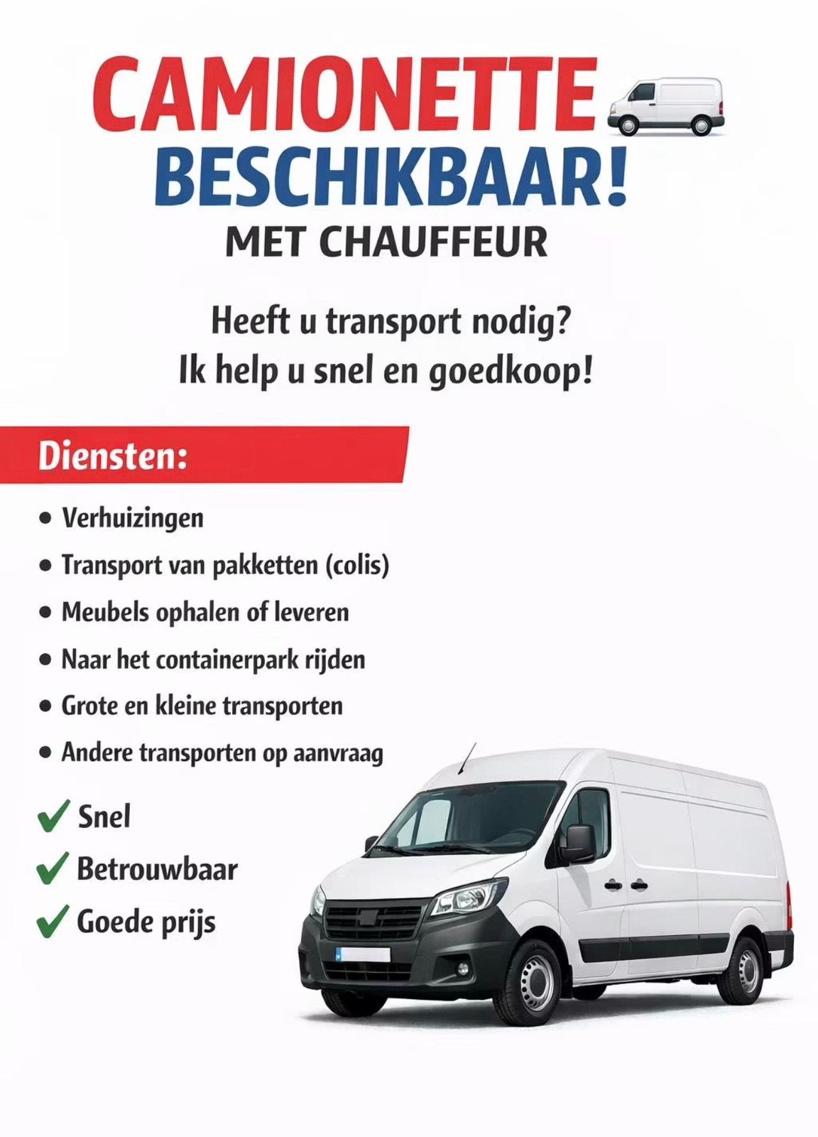 Bestelwagen te huur met chauffeur, Enlèvement ou Envoi