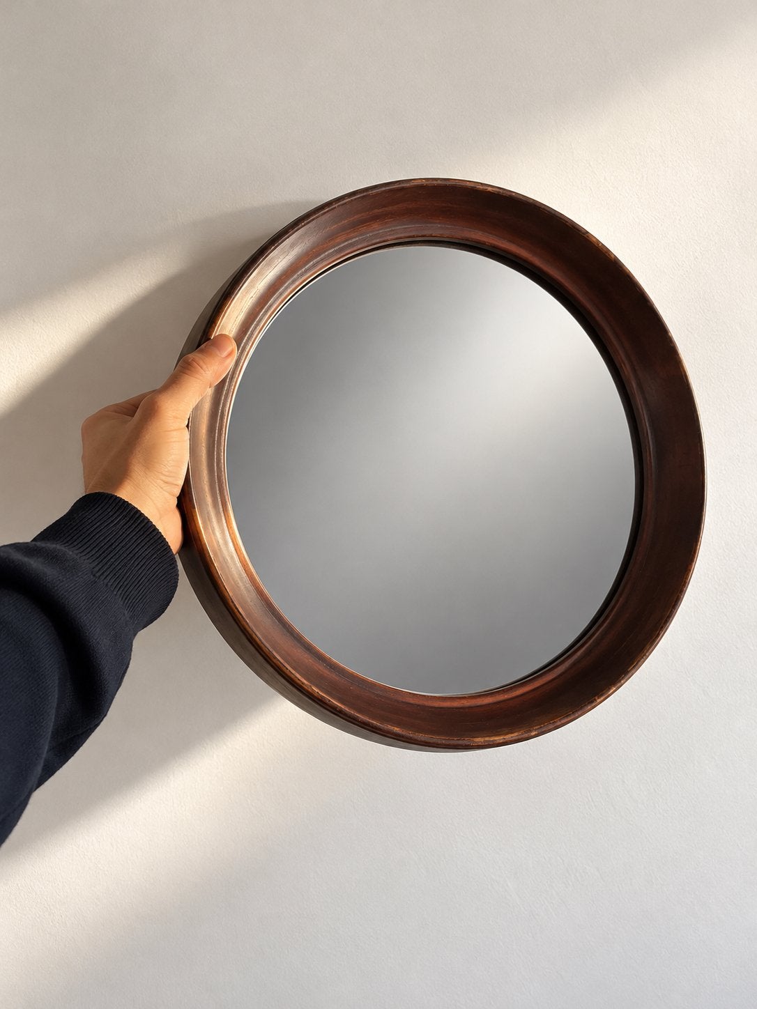 Miroir rond en bois scandinave années 60/70 mid century, Maison & Meubles, Bois, Enlèvement ou Envoi, Moins de 100 cm, Utilisé