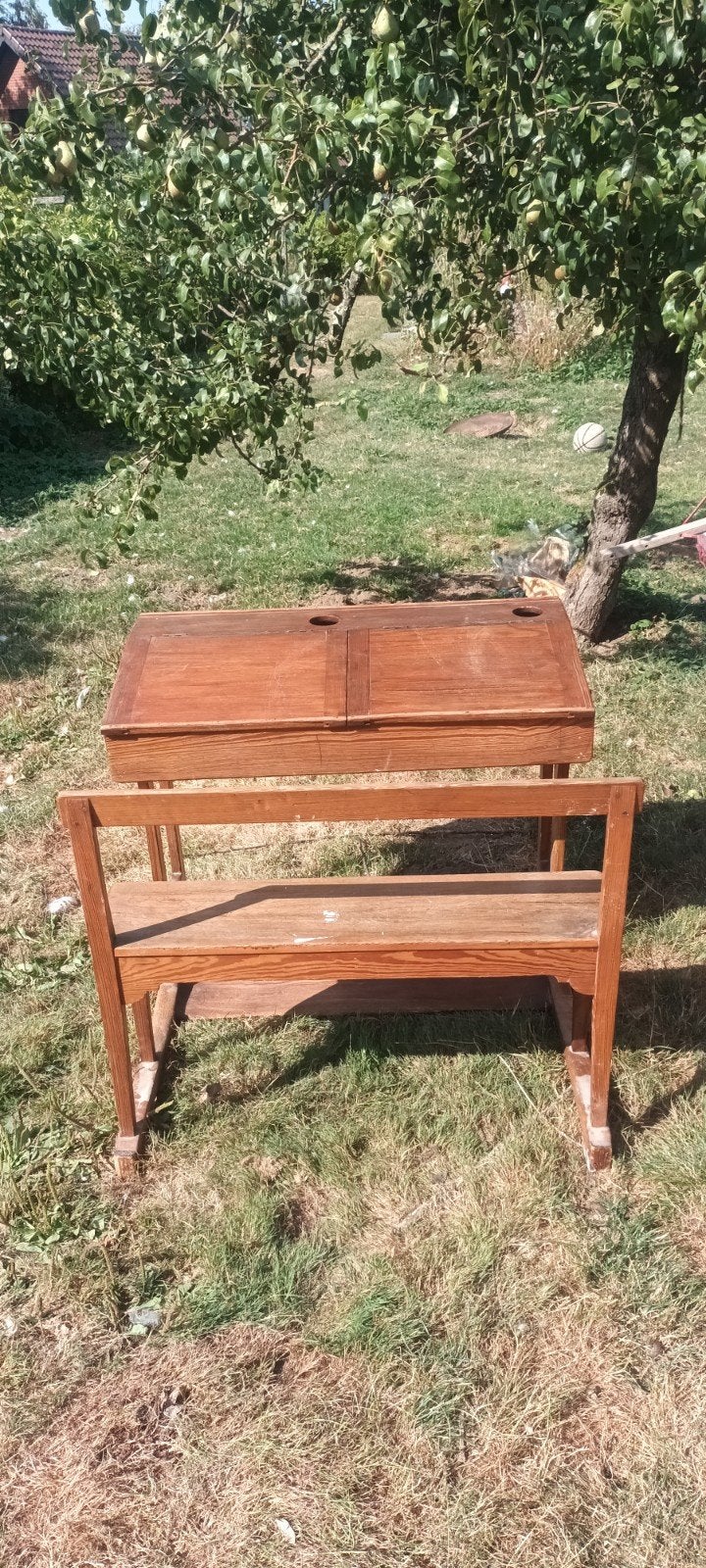 Vintage dubbele houten schoolbank + bankje 1940 - 1960, Ophalen, Gebruikt