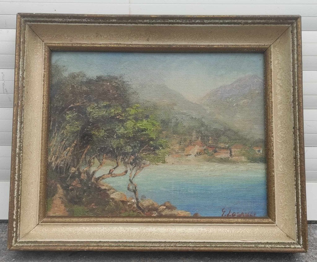Huile sur toile marouffle cap martin signe Gustave losange, Antiquités & Art, Enlèvement ou Envoi, Toile