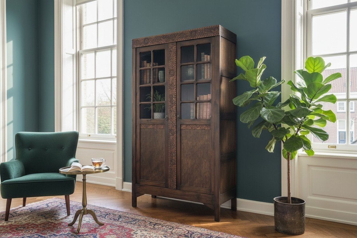 Vintage donkerhouten vitrinekast / leggerkast met glas, Antiek en Kunst, Ophalen