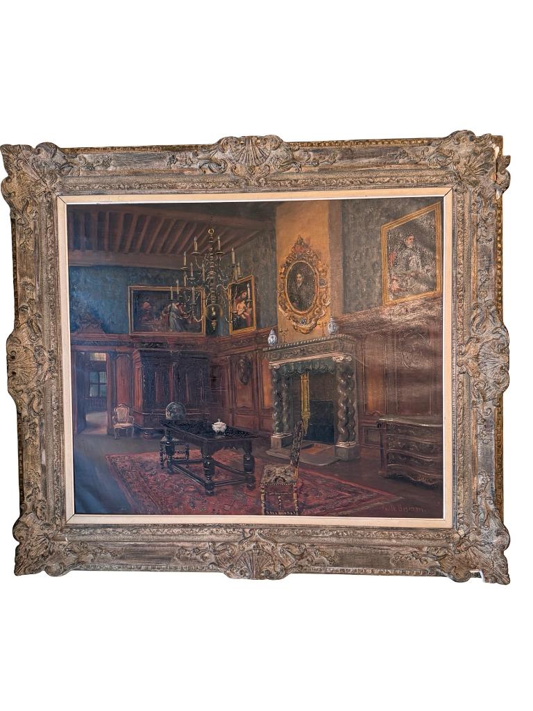 Grand tableau intérieur flamand signé Paule Bisman