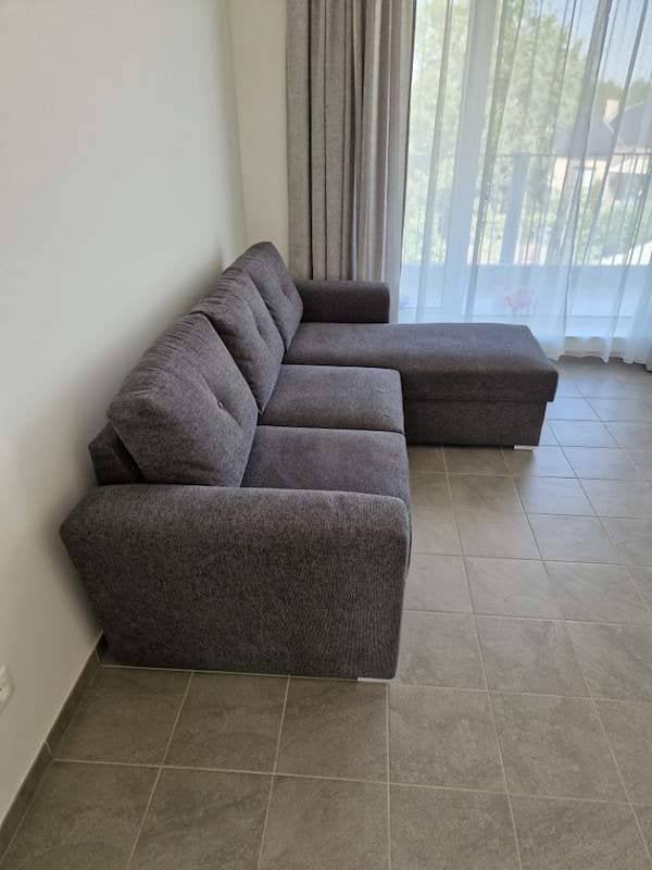 Nieuwe Bedbank chaise longue VEJLBY donkergrijze stof, Huis en Inrichting, Ophalen, Minder dan 75 cm, Driepersoons, Zo goed als nieuw