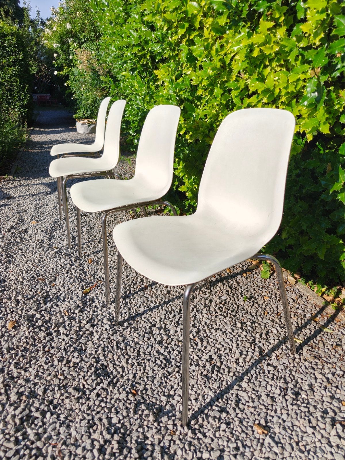 4 witte/inox stoelen, Ophalen, Kunststof, Gebruikt, Wit