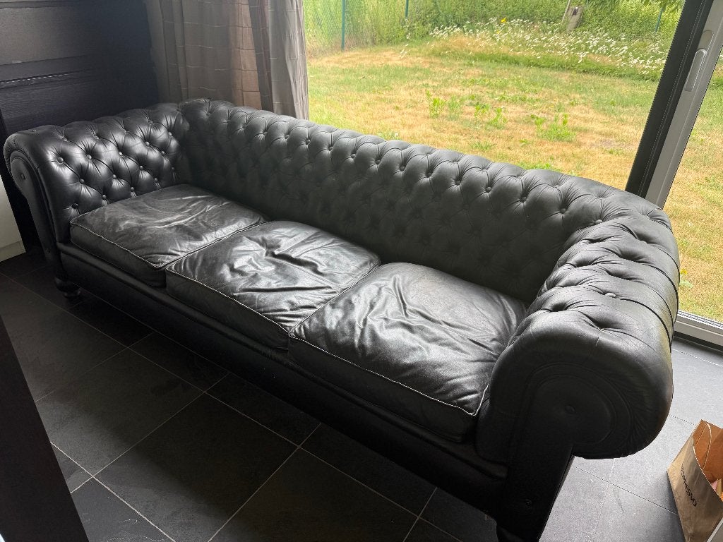 zwart leder oude chesterfield 3 zit, Ophalen, Gebruikt, Driepersoons, Leer