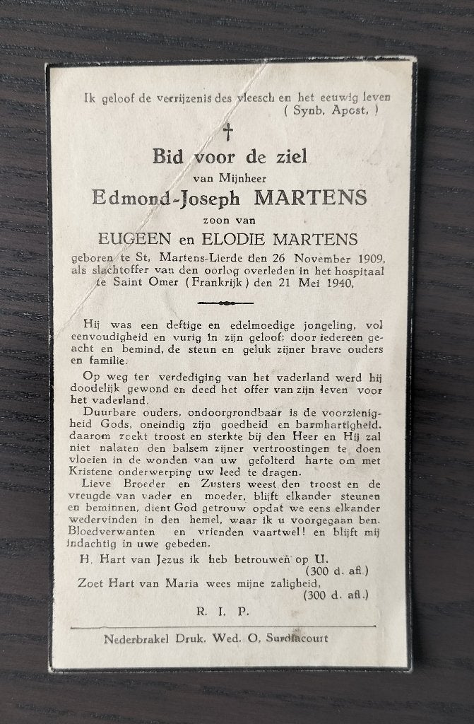 Slachtoffer WO II - St Martens Lierde - Saint Omer 1940, Verzamelen, Bidprentjes en Rouwkaarten, Verzenden, Bidprentje