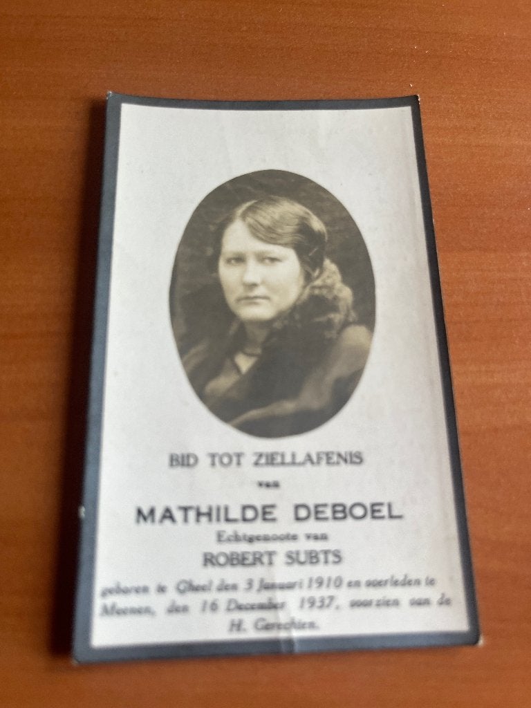 Rouwkaart M. Deboel   Geel 1910 + Meenen 1937, Verzamelen, Bidprentjes en Rouwkaarten, Verzenden, Rouwkaart