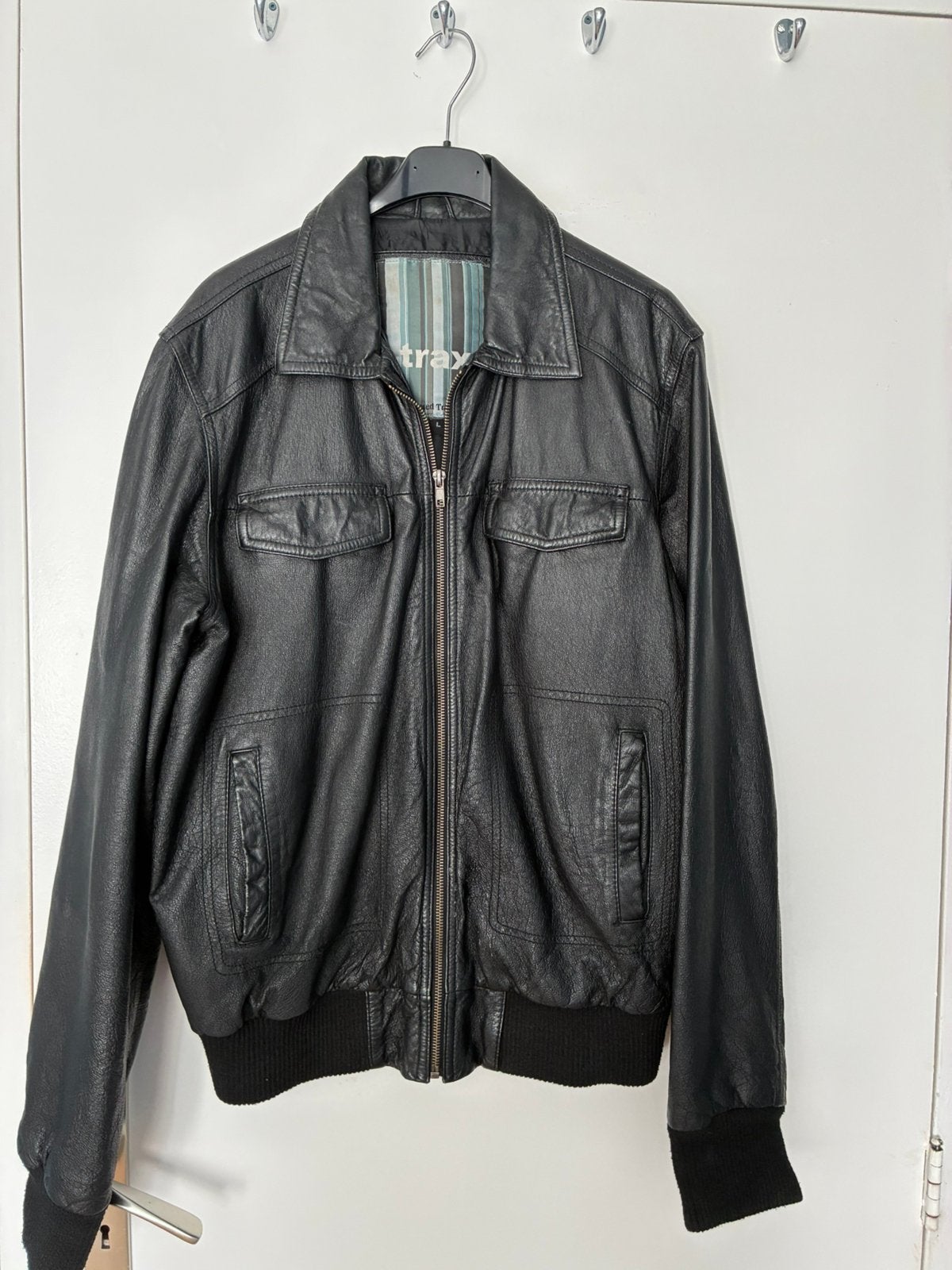 Zwarte leren jas (L), Kleding | Heren, Ophalen, Zo goed als nieuw, Zwart