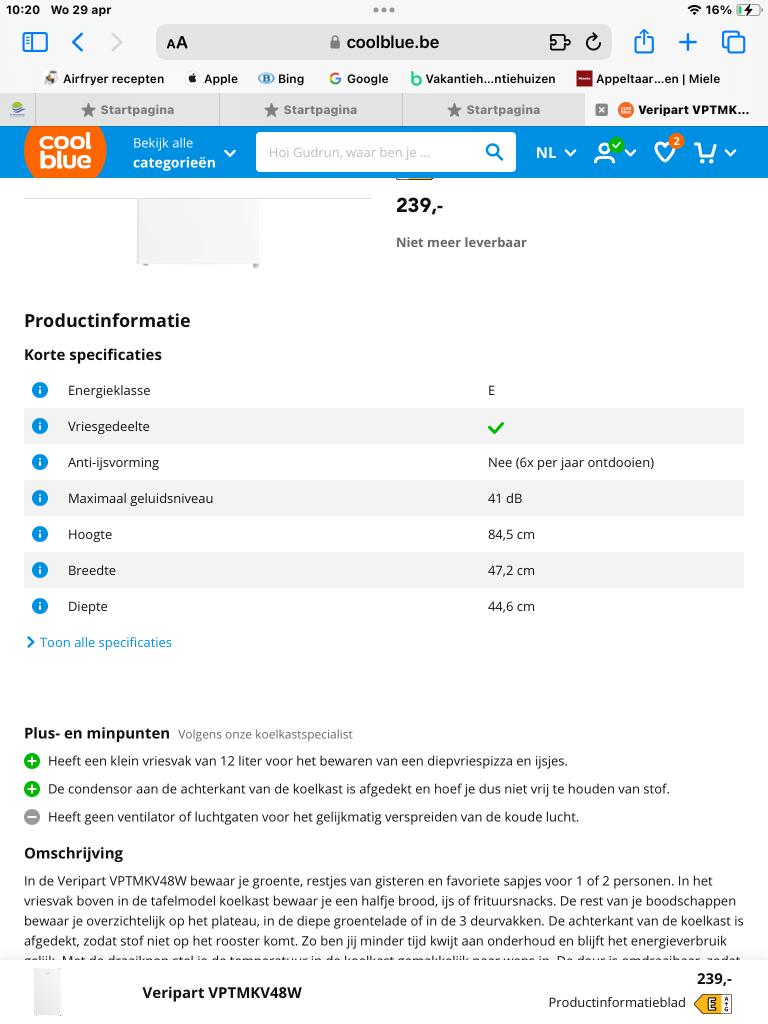 Koelkast frigo tafelmodel, Ophalen, Gebruikt, Wit
