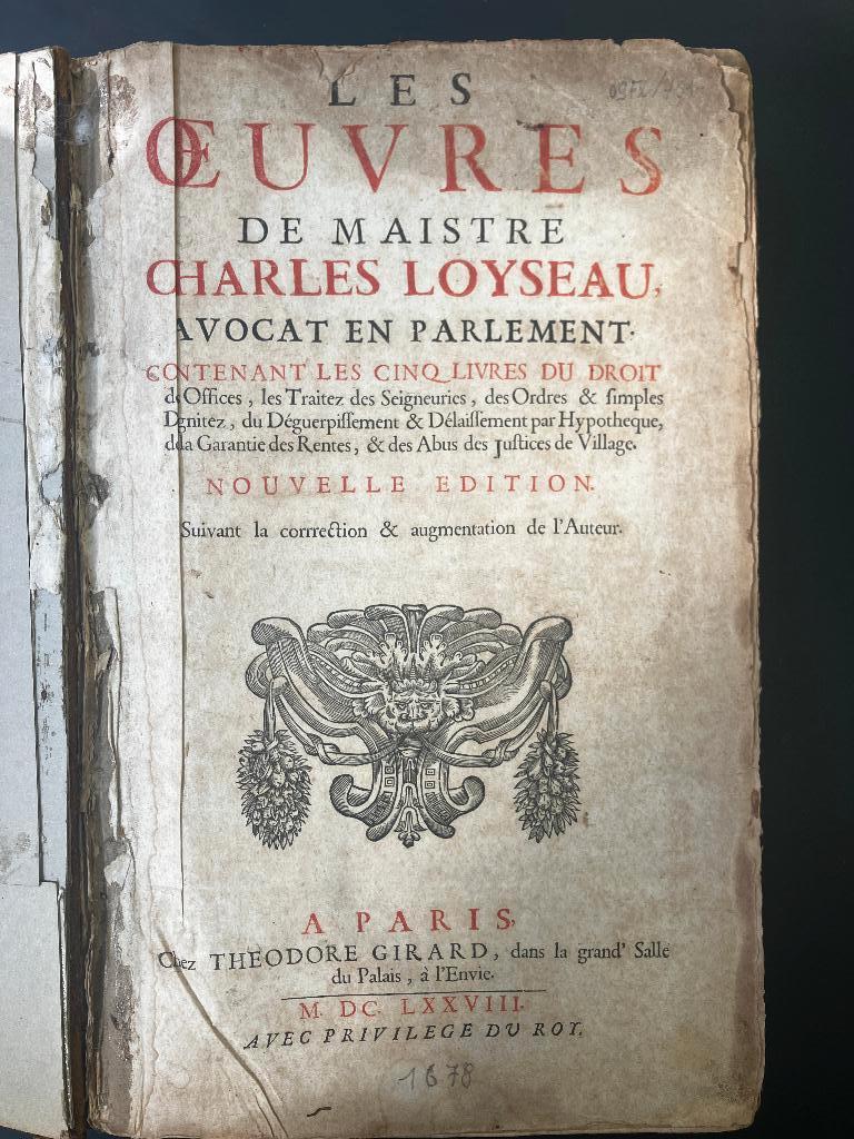 1678 Oeuvres de Maistre Charles Loyseau Advocat en Parlement, Antiquités & Art, Enlèvement