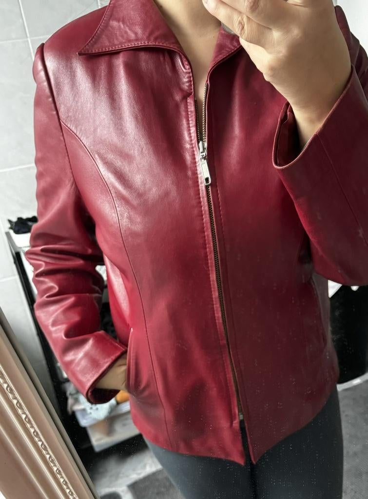 prachtige spijkerjas spijker jas jacket maat 42 100% leer, Ophalen, Zo goed als nieuw, Maat 42/44 (L), Rood